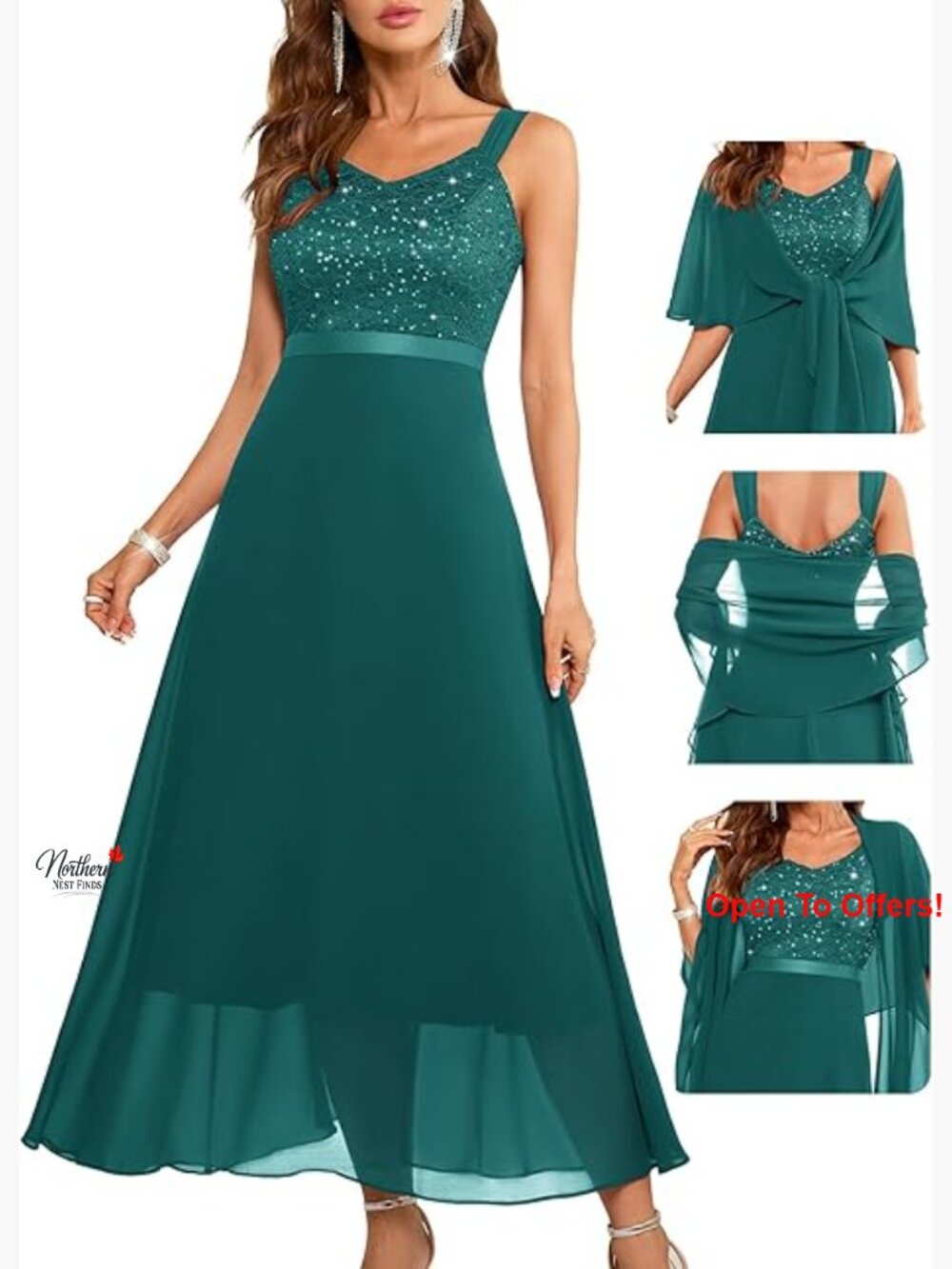 Sequin Formal Dress with Chiffon Shawl Two Piece Wedding Guest